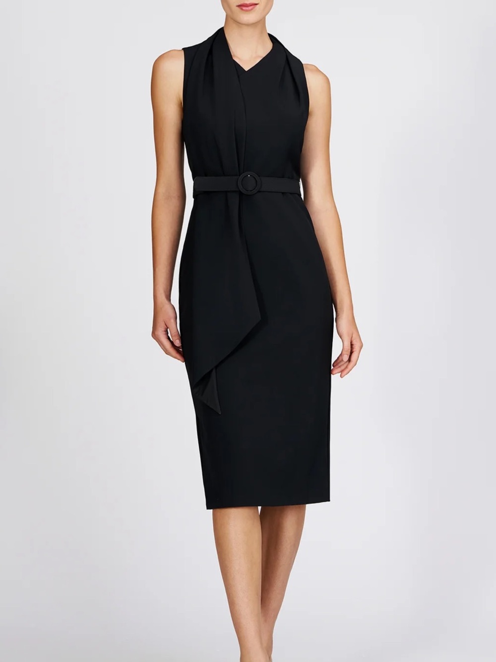 Kay Unger Annika Midi Dress Black Belted Sheath Scarf Neck Size 6 NWT